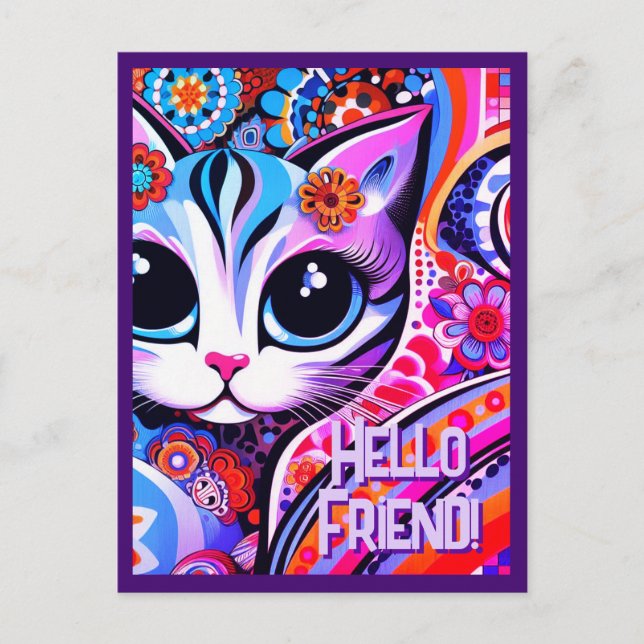 Mexican Folk Art Abstract Kitty Cat Birthday Postcard (Front)