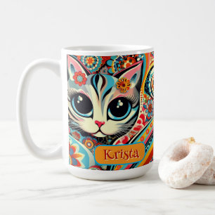 Mexican Folk Art Abstract Kitty Cat Personalized Coffee Mug