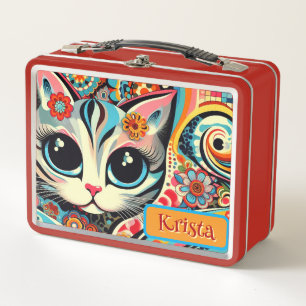 Mexican Folk Art Abstract Kitty Cat Personalized Metal Lunch Box