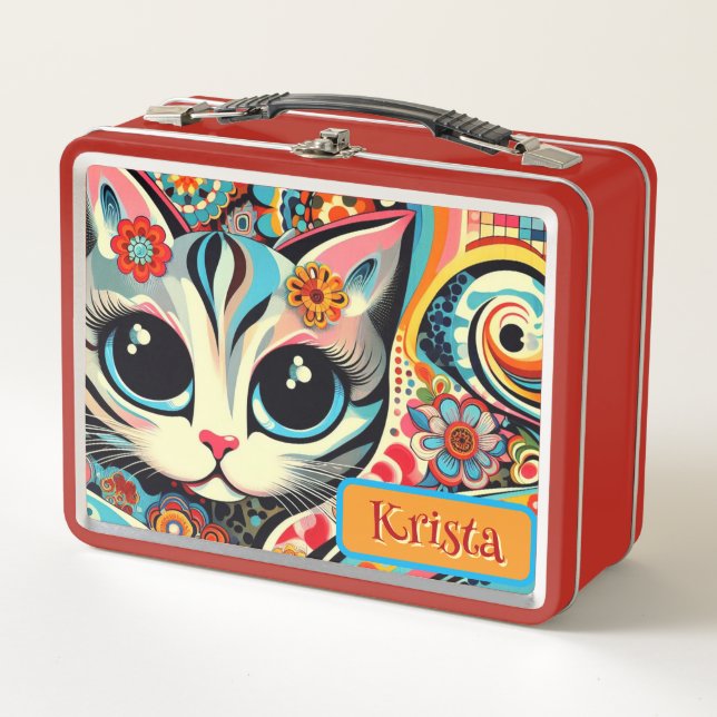 Mexican Folk Art Abstract Kitty Cat Personalized Metal Lunch Box (Front)