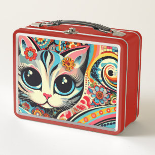 Mexican Folk Art Abstract Kitty Cat Talavera Style Metal Lunch Box
