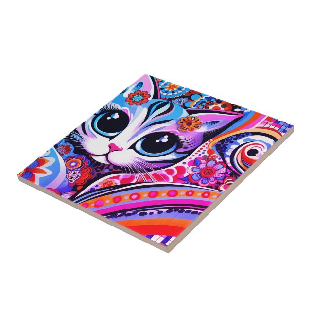 Mexican Folk Art Abstract Kitty Cat Talavera Style Tile (Side)
