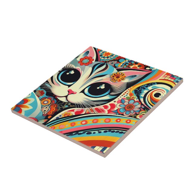 Mexican Folk Art Abstract Kitty Cat Talavera Style Tile (Side)