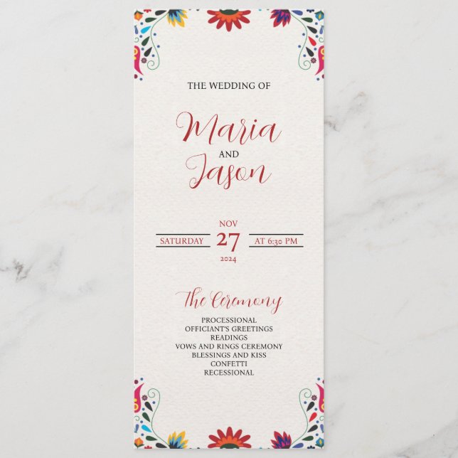 Mexican Folk Art Colourful Floral Fiesta Wedding Program (Front)
