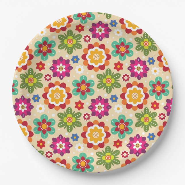 Mexican Folk Art Flowers Pattern Paper Plate (Front)