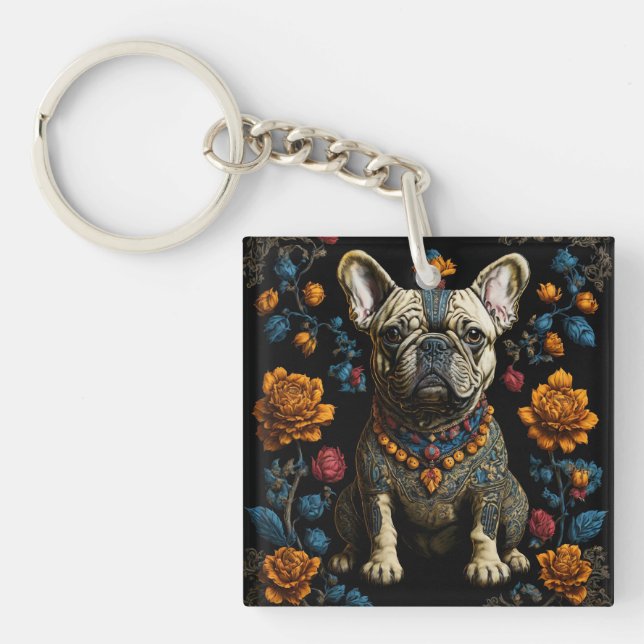 Mexican Folk Art French Bulldog Keychain (Front)