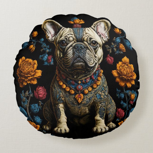 Mexican Folk Art French Bulldog Round Pillow (Front)