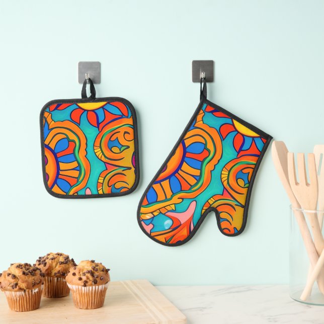 Mexican Folk Art Inspired  Oven Mitt & Pot Holder Set (Insitu(Hanging))