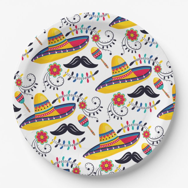 Mexican Folk Art Pattern Sombreros, Moustaches Paper Plate (Front)
