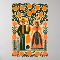 Mexican Folk Art Print Couple Under Orange Tree