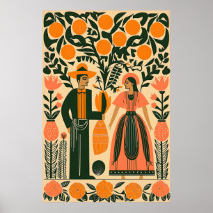 Mexican Folk Art Print Couple Under Orange Tree