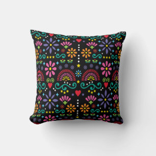 Mexican folk art seamless pattern, colourful desig throw pillow