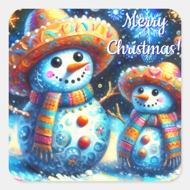 Mexican Folk Art Snowmen Snowman Snow People Square Sticker (Front)
