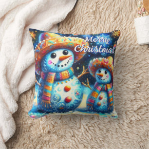 Mexican Folk Art Snowmen Snowman Snow People Throw Pillow