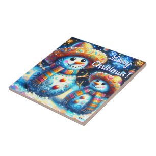 Mexican Folk Art Snowmen Snowman Snow People Tile