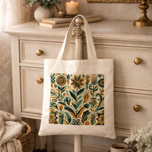 Mexican Folk Art Tote Bag with Autumn Jewel Tones