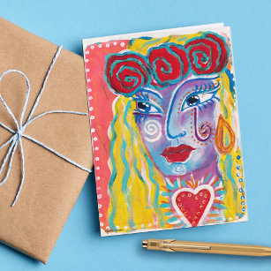 Mexican Folk Inspired Woman Fun Whimsical Art Note Card