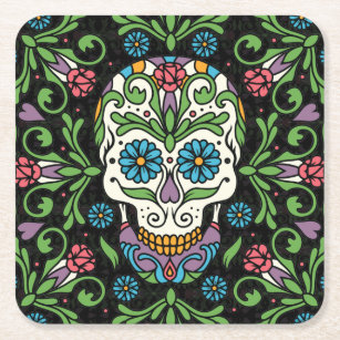 Mexican Folk Mariposa Sugar Skull Square Paper Coaster