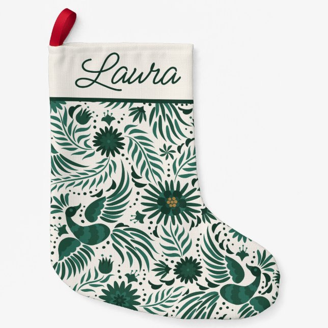 Mexican Folklore Pattern Script Name Green White Small Christmas Stocking (Front)