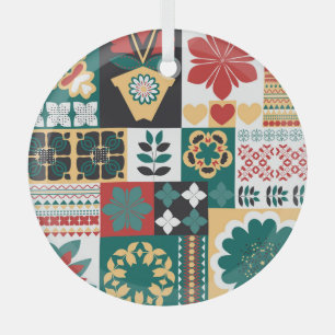 Mexican Geometric: Red Green Ornament. Glass Ornament