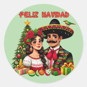 Mexican girl man christmas tree Feliz Navidad art Classic Round Sticker