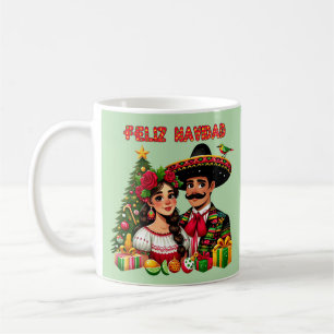 Mexican girl man christmas tree Feliz Navidad art Coffee Mug