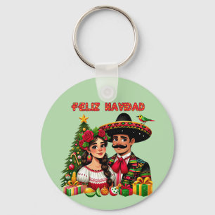 Mexican girl man christmas tree Feliz Navidad art Keychain