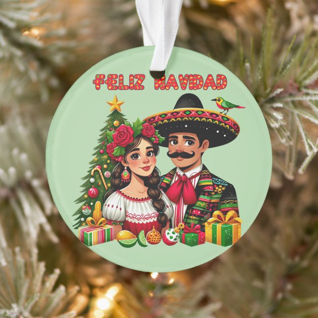 Mexican girl man christmas tree Feliz Navidad art Ornament (Tree)