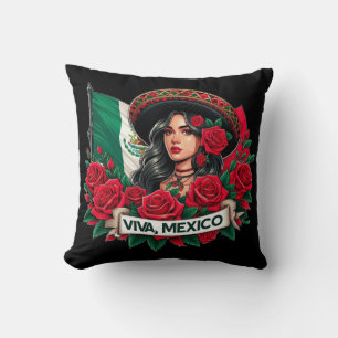 Mexican Girl Viva mexico Flag art illustration Throw Pillow
