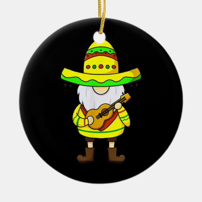 Mexican Gnome Cinco De Mayo Sombrero Guitar gnome Ceramic Ornament (Front)