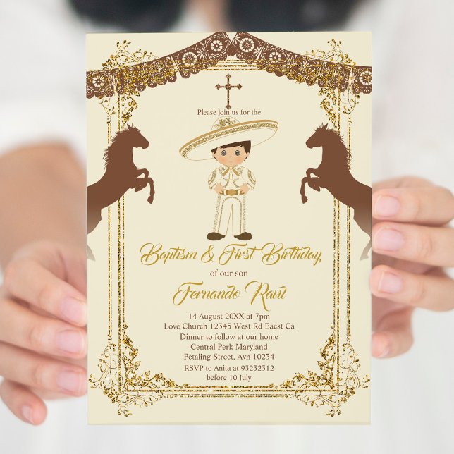 Mexican Gold Brown Fiesta Boy Baptism Christening  Invitation (Creator Uploaded)
