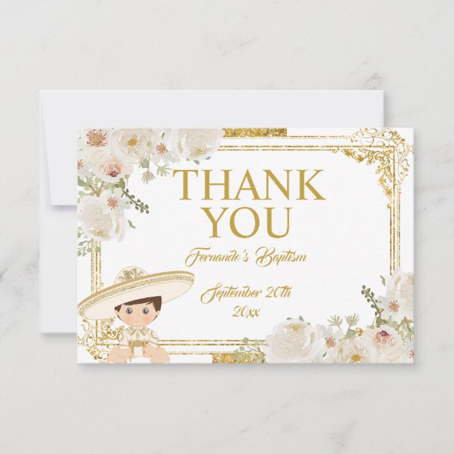 Mexican Gold Fiesta Boy Baptism Thank You Card (Front)