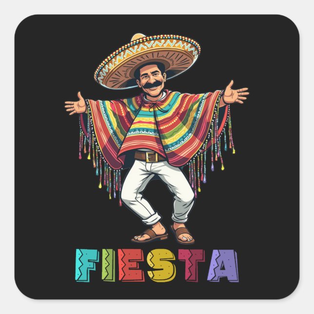 Mexican Guy In Poncho Dancing Fiesta Cinco de Mayo Square Sticker (Front)