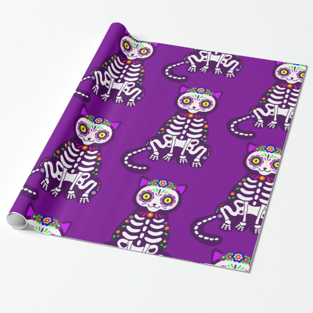 mexican halloween cat skeleton folklore  wrapping paper (Unrolled)
