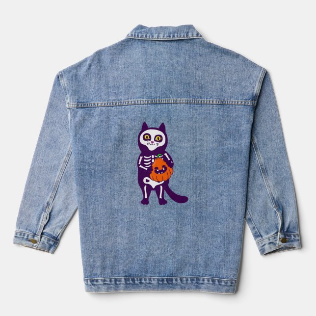 mexican halloween cat skeleton pumpkin denim jacket (Back)