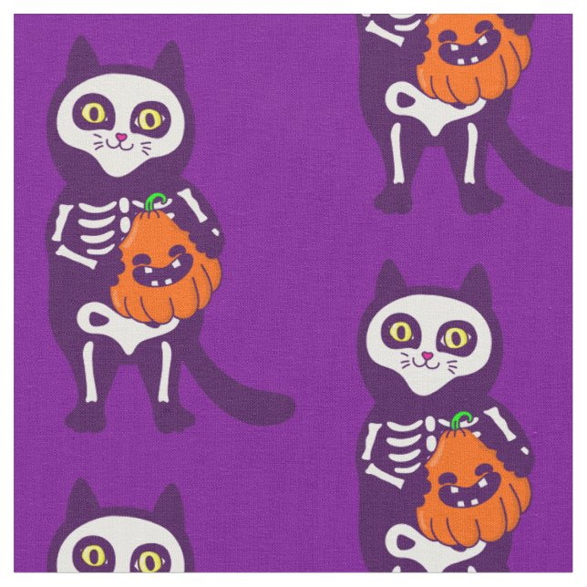 mexican halloween cat skeleton pumpkin fabric (Close Up)