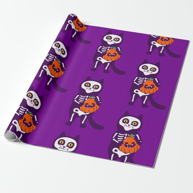 mexican halloween cat skeleton pumpkin wrapping paper (Unrolled)