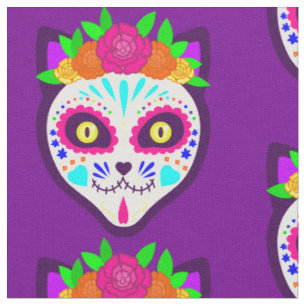 mexican halloween cat sugar skull fabric