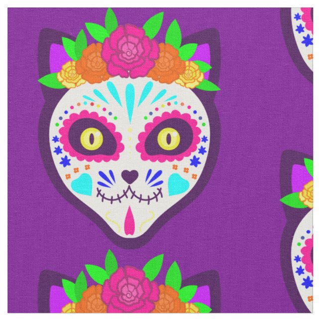 mexican halloween cat sugar skull  fabric (Close Up)