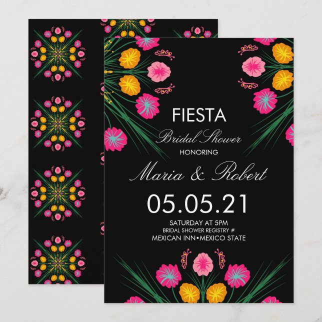 Mexican Hand Drawn Floral Black Pink Bridal Shower Invitation (Front/Back)