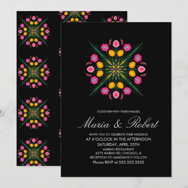 Mexican Hand Drawn Floral Black Pink Wedding Invitation (Front/Back)