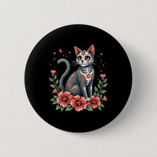 Mexican Heritage Cat Sugar Skull With Flowers  2 Inch Round Button