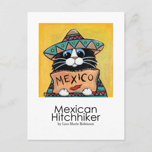 Mexican Hitchhiker Whimsical Cat Art Postcard (Front)