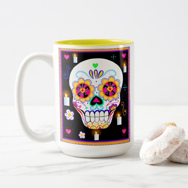  Mexican Holiday Day Of The Dead Sugar Skull  Two-Tone Coffee Mug (With Donut)
