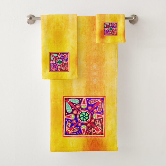 Mexican Huichol Golden & Purple Art Patterns Bath Towel Set (Insitu)