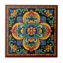 Mexican Huichol style flower ceramic tile 10/12