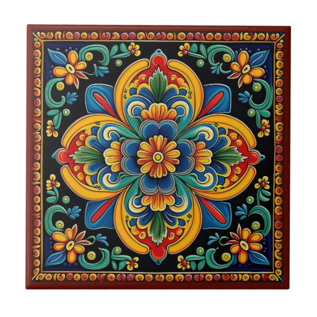 Mexican Huichol style flower ceramic tile 10/12 (Front)