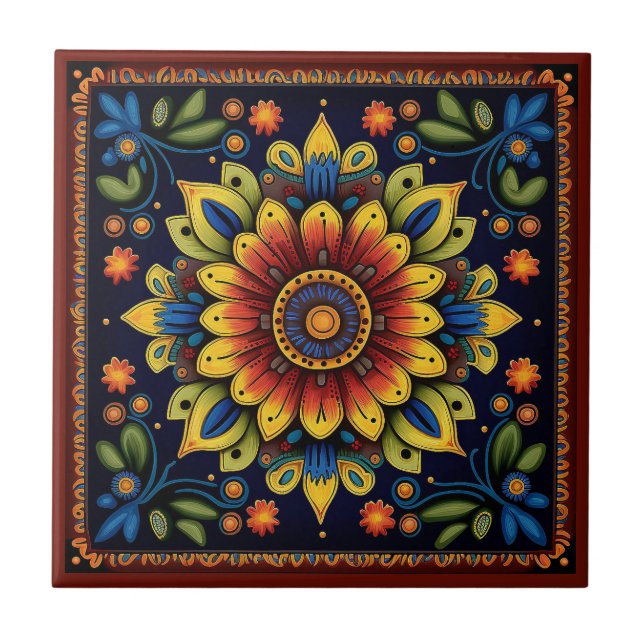 Mexican Huichol style flower ceramic tile 11/12 (Front)