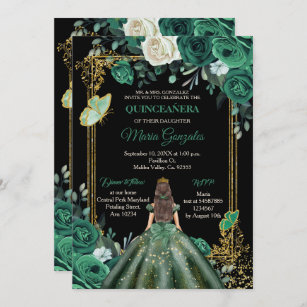 Mexican Hunter Green Quinceanera Butterfly  Invitation