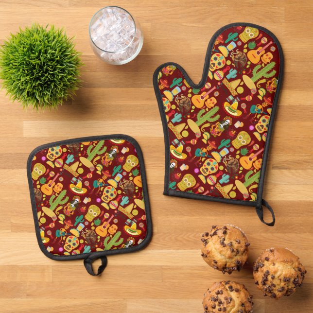 Mexican Icons Pattern Oven Mitt & Pot Holder Set (Top Down)